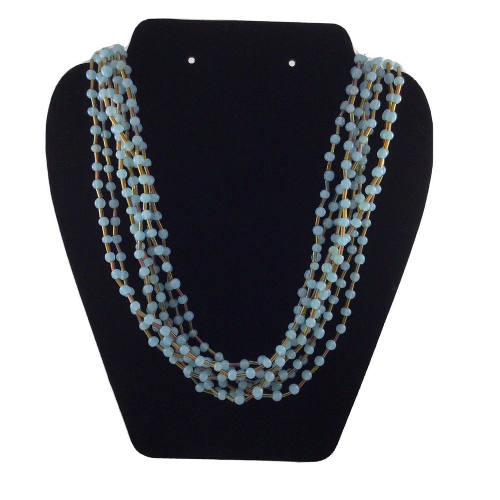 Multi Strand Aqua/Turquoise Multi Strand Layered Seed Beaded Necklace